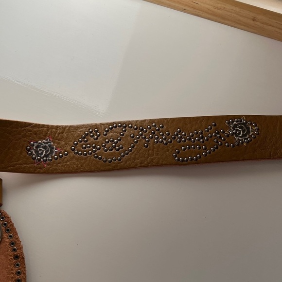 Ed Hardy Leather Belt Yellow Rose Tattoo Buckle Adjustable Size L Vintage Style main image 6